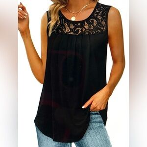 Pleated Sleeveless Tank Tunic with Crochet Lace